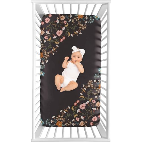Sweet Jojo Designs Boho Wildflower Vintage Floral Girl Baby Fitted Crib Sheet Photo Op Infant Newborn Nursery Toddler Bed Room Standard Mattress Black Orange Bohemian Farmhouse Botanical Cottagecore