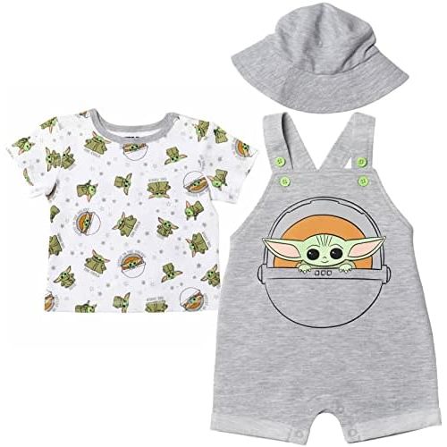 STAR WARS Chewbacca R2-D2 Yoda Baby French Terry Short Overalls T-Shirt and Hat 3 Piece Outfit Set Newborn to Infant