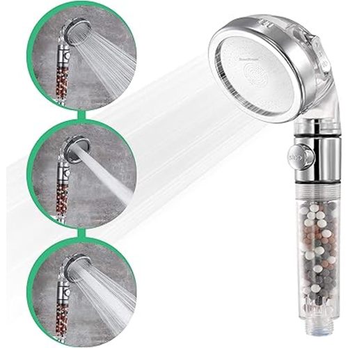 Original StoneStream Filtered Shower Head, Eco Power High Pressure Water Softener Showerhead with ON/OFF switch and Spa like Ionic beads for Dry Skin & Hair — 3 Spray Settings