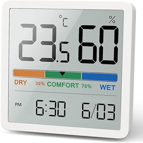 NOKLEAD Hygrometer Indoor Thermometer, Desktop Digital Thermometer with Temperature and Humidity Monitor, Accurate Humidity Gauge Room Thermometer with Clock for Home Garage Greenhouse Wine Cellar (WHITE)