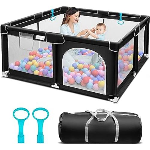 Suposeu Baby Playpen, Sturdy and Safety Playard with Soft Breathable Mesh, Indoor and Outdoor Baby Fence, Portable Playpen for Babies and Toddlers (50 Inch×50 Inch, Black)