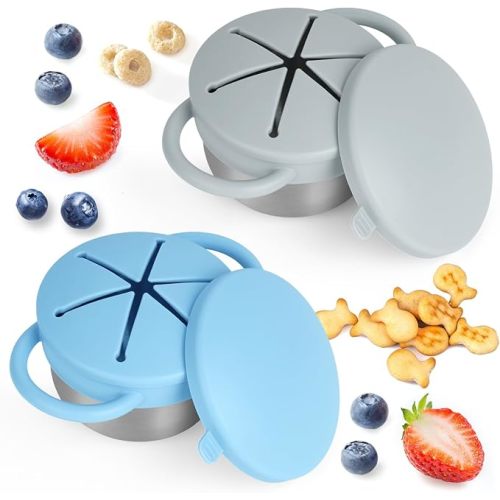 Daximo 2 Pack Snack Cups for Toddlers Spill Proof - Detachable Stainless Steel Toddler Snack Cups with Silicone Lids & Handles - Dishwasher Safe Baby Snack Containers (Matte Blue and Matte Green)