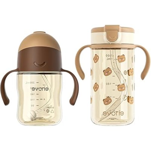 Evorie Tritan 7 Oz Weighted Straw Sippy Cup for Baby and 10 Oz Toddler Bottle with Straw and Removable Handles For School, 6 Months to 2 Year Old (Brown Set)