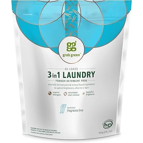 Grab Green 3-in-1 Laundry Detergent Pods, 60 Count, Fragrance Free, Plant and Mineral Based, Superior Cleaning Power, Stain Remover, Brightens Clothes