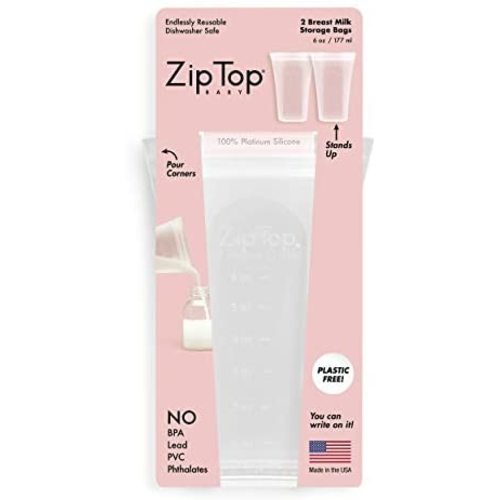 Zip Top Reusable 100% Silicone Breast Milk Storage Bags That Stand Up Stay Open and Zip Shut, Made in the USA - Set of 2 Bags