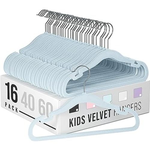Velvet Baby Hangers for Clothes - Heavy Duty Non Slip Velvet Kids Hangers Or Toddler Hangers for Closet | Ultra Thin Design Kid Hangers for Space Saving - Ganchos De Ropa para Bebe (16 Pack Blue)