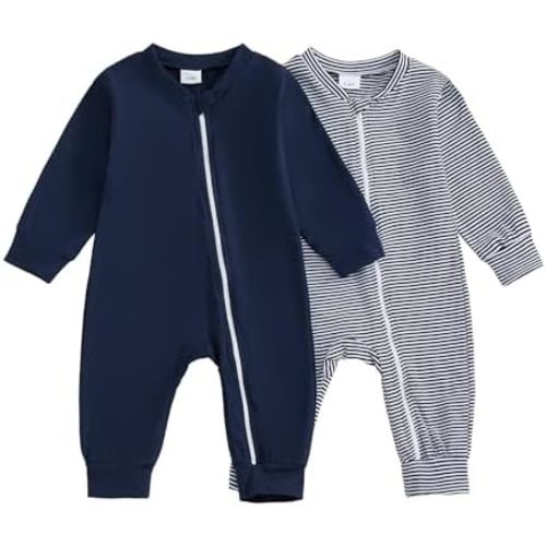 woshilaocai Baby 2 Pack Zipper Jumpsuit Boy Girl Long Sleeve Plain&Striped Cotton Infant Romper