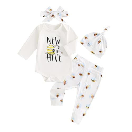 Geogenry Newborn Baby Girl Romper Letter Print Jumpsuit Bumble Bee New to the Hive Bodysuit Pants Hat Headband 4Pcs Outfit