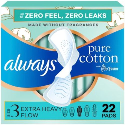 Always Pure Cotton Extra Heavy Flow FlexFoam Pads - Size 3 - 22ct