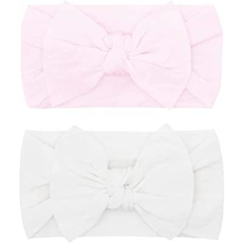 Baby Bling Bows - Newborn to Little Baby Girl Bows, 2 Pack Nylon Super Soft Stretchy Knot Toddler Headbands, Perfect Hair Accessories Head Bands for Infant Kids(Pink & White)