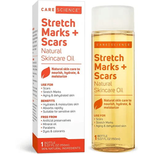 Care Science Stretch Marks + Scars Skin Care Body Oil, 5.07 Ounce | For Scars, Stretch Marks, Hair, Aging, & Dehydrated Skin | Natural Ingredients, Vitamin E Oil, Olive Oil, Coconut Oil, & More