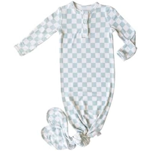 Checkered Knotted Gown Baby Newborn, Viscose derived from Bamboo, Infant Sleeper with Mittens, Baby Girl, Baby Boy