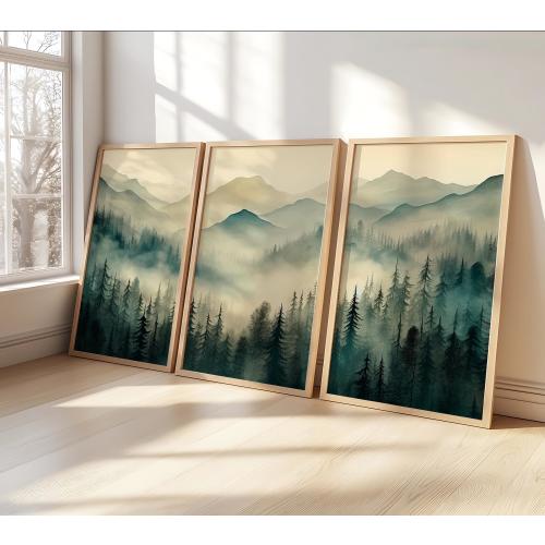 Sage Green Mountain 3 Piece Wooden Framed Art | Watercolor Mountain Landscape | Abstract Nature Print | Modern Minimal Decor