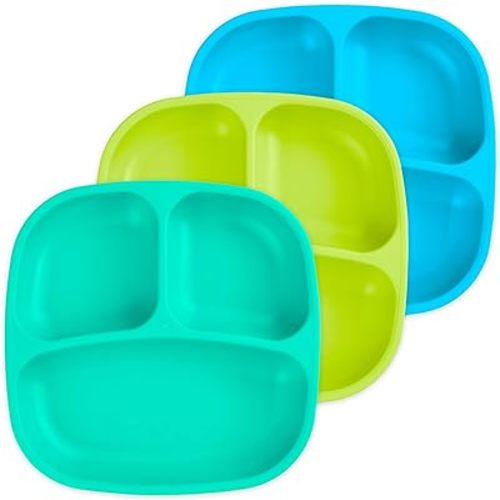 Re-Play Made in USA 7" Deep Walled Divided Plates for Kids, Set of 3 - Reusable 3 Compartment Plates, Dishwasher and Microwave Safe - 7.37" x 7.37" x 1.25", Under the Sea