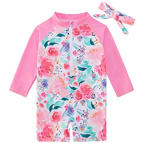 TUPOMAS Toddler Baby Girls Swimsuit Long Sleeve Bathing Suit UPF 50+ Rash Guard One Piece Zipper Swimwear 6 Months-4 Years