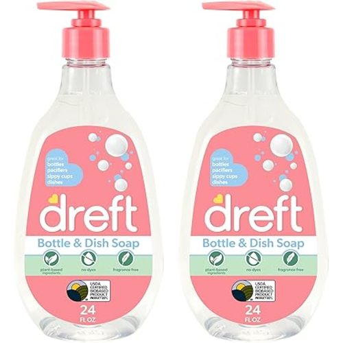 Dreft Baby, Bottle and Dish Soap, Removes Milk Film & Odor, Plant Based, Fragrance Free, Travel Size Bottles, 24 Fl Oz (Pack of 2)