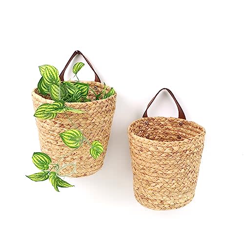YRMT Water Hyacinth Hanging Storage Baskets 2 Pack Woven Wall Hanging Baskets for Organizing Flower Plants Boho Decor 7" x 7"