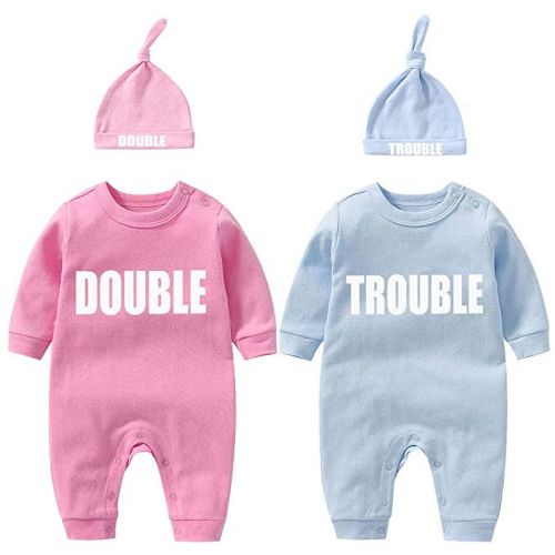 YSCULBUTOL Twins Bodysuits Funny Double Trouble Pack of 2 Twins Set with hat 10-12Months
