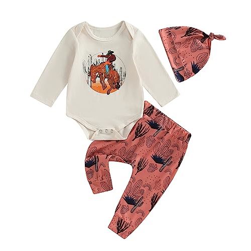 Baby Boy Cowboy Outfit Newborn Western Country Boy Clothes Cow Print Letter Bodysuit+Long Pants+Cap 3pcs Fall Clothes