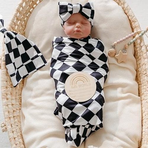 Little Jump Newborn Swaddle Set with Matching Hat and Bow Set, Wooden Birth Announcement Card, Soft Stretchy Swaddle Blankets Announcement Outfit for Baby Girl or boy.(Black Checker)