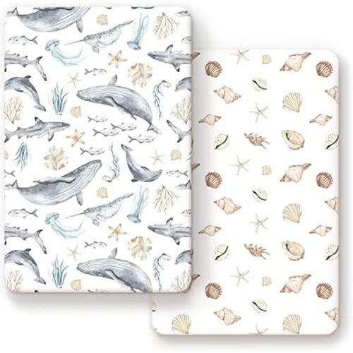 GRSSDER Stretchy Super Soft Jersey Knit Fitted Pack n Play Sheets Set 2 Pack,Portable/Mini Crib Sheets Snug and Safe,Beautiful Marine Organism for Boys and Girls