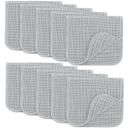 Comfy Cubs Muslin Burp Cloths 20" x 10", Pack of 10 - Large, 6-Layer, Ultra Absorbent 100% Cotton for Baby Drool and Messes - Soft, Safe & Gentle Baby Burp Cloths for Boys & Girls - Heather Blue