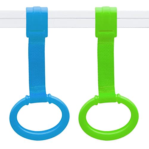 Baby Pull Up Rings, 2 Pcs Bed Stand Up Assistant, Play Gym Crib Pull Ring for Toddler Kids Children Walking Training Tool(Blue and Green)