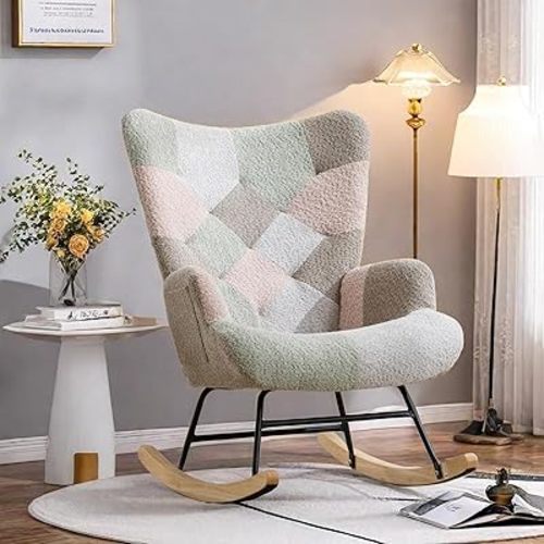 Glider Chairs,Rocking Chair with Curved Wing Back & Armrests,33.1'' Teddy Fabric Patchwork Rocker Armchair with Side Storage Pocket & Solid Wood Base for Living Room,Macaroon