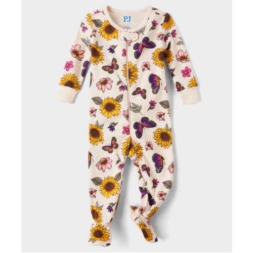 Baby And Toddler Girls Long Sleeve Sunflower Snug Fit Cotton Footed One Piece Pajamas - TAN | The Children's Place