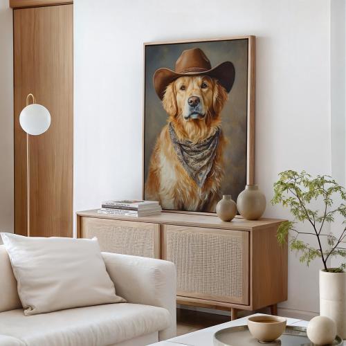 Golden Retriever Cowboy Wall Art, Western Dog Portrait, Rustic Farmhouse Decor, Vintage Style Dog Canvas, Country Home Print