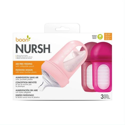 Boon Nursh Silicone Baby Bottles with Collapsible Silicone Pouch - 8 fl oz/3pk - Pink