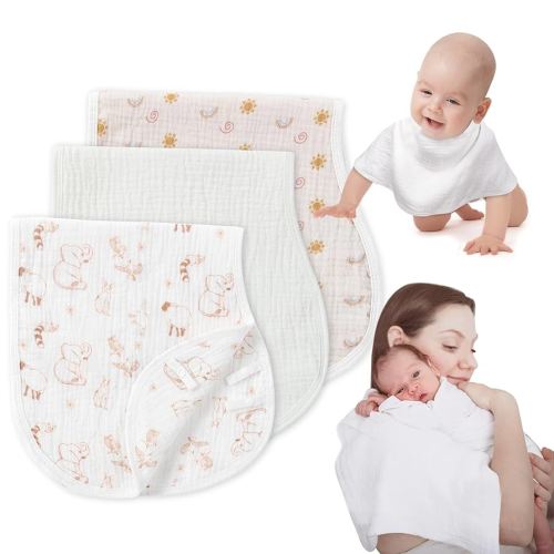 Muslin Burp Cloths with Snaps, Multi-Use Burpy Bib 100% Natural Cotton,Large 22"X11" Extra Absorbent Burping Cloth for Baby Girl & Boy, Safari & Rainbow & White