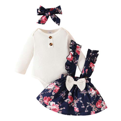 CAICJ98 Newborn Baby Girl Clothes Romper Suspender Dress Fall Winter Outfits Ruffle Long Sleeve Jumpsuit White,Size 6-9 Months