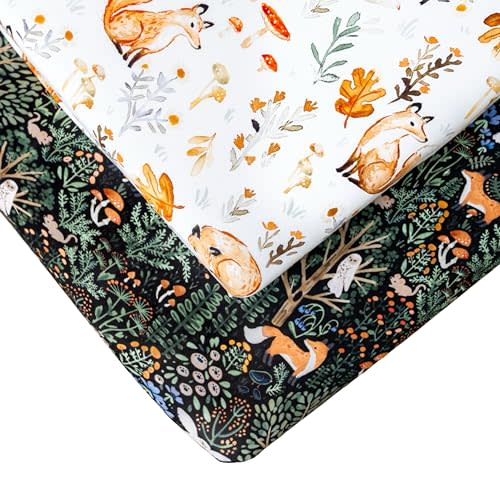 Jade&Kai 2-Pack Fitted Crib Sheets | Gently Made for Sensitive Skin | Premium Soft and Stretchy Viscose | Designed by Mamas (Woodland Foxes & Forest Fairytale)