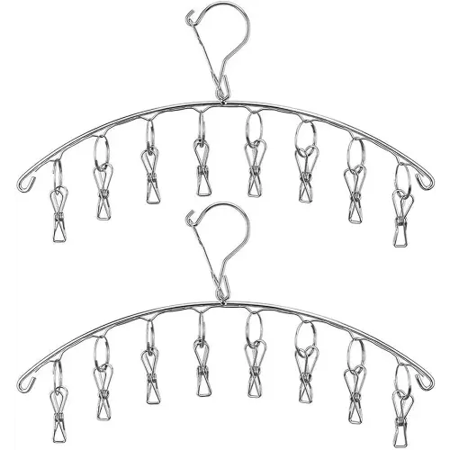 Stainless Steel Laundry Drying Rack Clothes Hanger with Windproof Hook,Underwear Hanger,Clothes Hangers with 8 Clips for Drying Socks,Diapers,Baby Clothes(2 Pack)