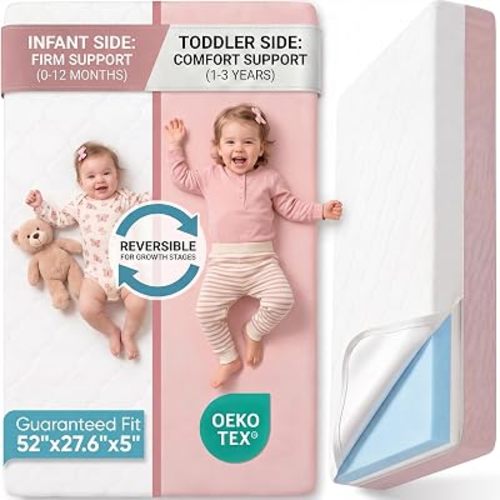 Baby Crib Mattress, Dual Sided Memory Foam 52x27.6x5 Inch, Pink