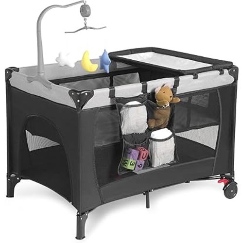 Pack and Play, Travel Crib, with Changing Table, Portable Pack and Play, with Carry Bag, Foldable, Portable Crib for Toddlers 1-3(Black)