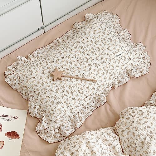 BuLuTu Cotton Muslin Kids Toddler Pillowcase with Cute Camellia Flowers Super Soft Travel Pillow Nursery Pillowcase for Boys,Girls,Bedding Decor Machine Washable, Durable Pillowcase,1 Piece,14"x20"