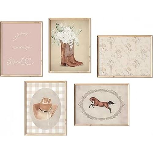 Vintage Cowgirl Nursery Wall Art Set of 5 Coquette Western Girl Poster Vintage Horse Floral Canvas Pictures Aesthetic Pink Preppy Room Wall Decor Rustic Cowgirl Prints for Girls Bedroom Living Room Home Decor 8x10 Unframed