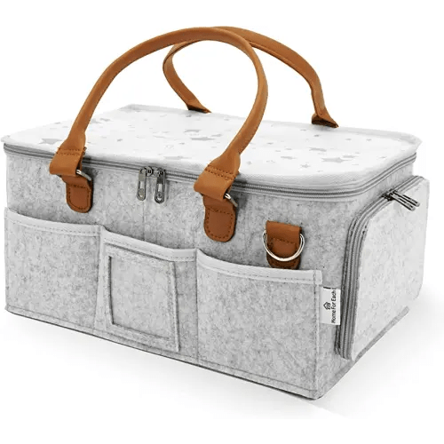 Baby Diaper Caddy Organizer with Lid, Multiple Compartments Baby Caddy, Waterproof Diaper Tote Bag for Infants, Travel Baby Bag for Must Haves, Baby Gift Basket for Newborn Essentials