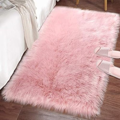 LOCHAS Soft Fluffy Faux Fur Rugs for Bedroom Bedside Rug 2x3 Feet, Washable, Furry Sheepskin Area Rug for Living Room Girls Room, Luxury Shag Carpet Home Decor, Pink