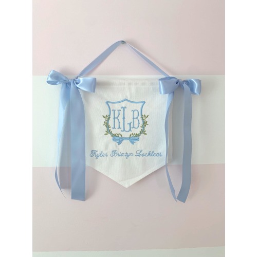 Custom Baby Name Banner | Hospital Sign | Welcome Boy Birth Announcement | Crest Stork Frame | Bow Handmade Embroidery