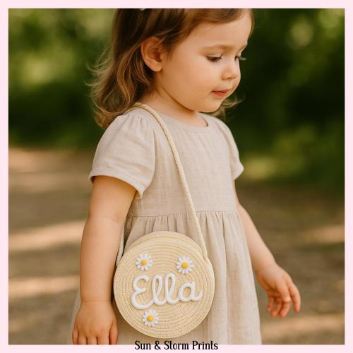Custom Toddler Straw Bag with Name – Personalized Round Crossbody Purse, Daisy Summer Bag for Girls, Cute Gift Idea