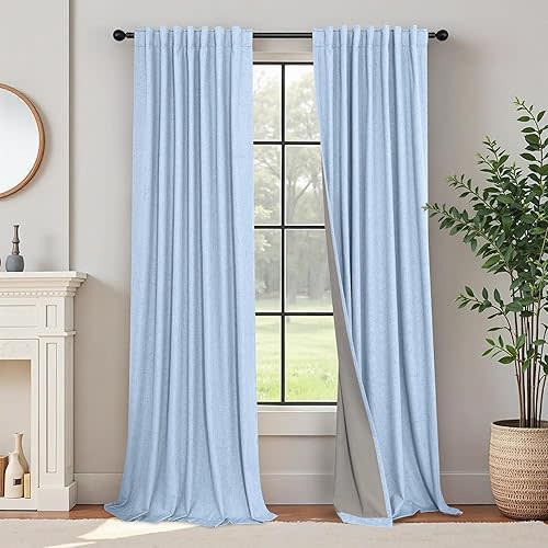 Light Blue Black Out Curtains 96 Inches Long for Living Room 100% Blackout Linen Textured Thermal Window Treatments Grand Millenial Curtain Drapes for Bedroom Modern Farmhouse Decor 96 Length 2 Panels