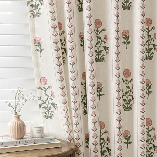 Floral Pinch Pleated Linen Curtains for Living Room Bedroom Dining Room Farmhouse, Light Filtering Memory Trained Pleat Patterned Drapes with Hooks, Pink & Beige White, 40" W x 90" L,2 Panels