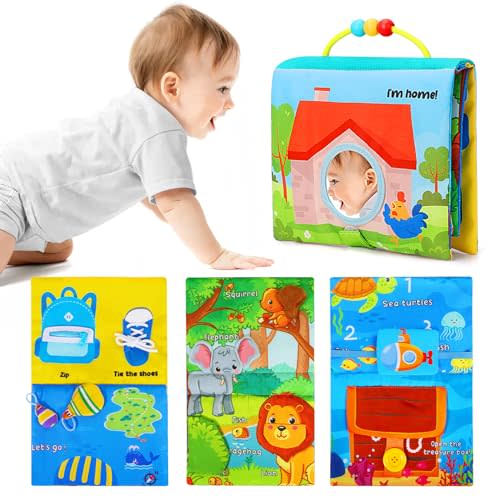 Baby Books Toys 0-18 Months, Montessori Toys for Infant Newborn Activity Soft Book with Mirror Squeaky Sounds, 8-Page Early Development Travel Toys Birthdays Gifts for Toddler Motor Skills