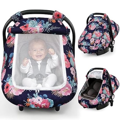 Elstey Car Seat Cover Baby, Minky Dot Carseat Covers Baby Girls, Lightweight Infant Car Seat Cover Canopy with 2 Layers Breathable Mesh Windows, Stroller Carrier for Babies Newborn Essentials