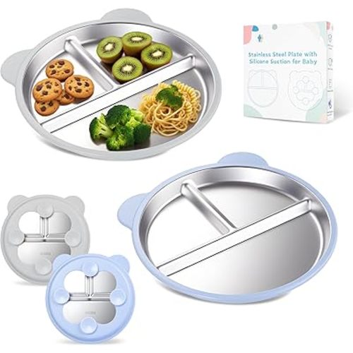 Stainless Steel Kids Plate with Suction Set of 2, 9″ Toddler Divided Plates with Removable Non Slip Silicone Sleeves, Stackable Non-Toxic Baby Self Feeding Dishes, Baby Blue & Light Gray