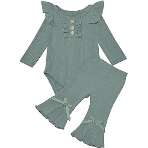 EuquixZeph Baby Girl Clothes Set Ruffle Long Sleeve Knit Romper Bell Bottoms Fall Winter Pant Set 2pc Infant Girl Outfit