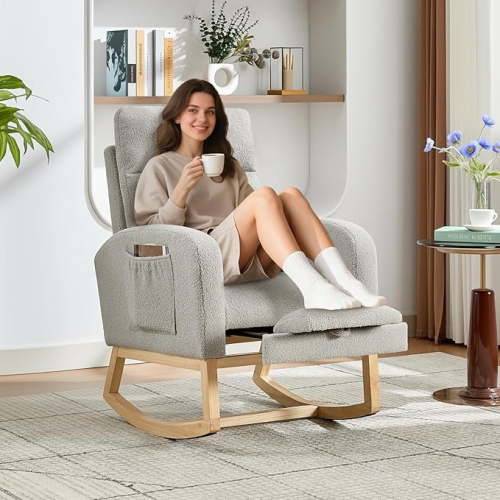 Rocking Chair Nursery, Nursing Rocking Chairs with Foot Rest for Mom Nursery, Rocker Glider Chair with High Backrest for Living Room,Bedroom, Upholstered Lounge Chair with Solid Wood Base for Relaxin